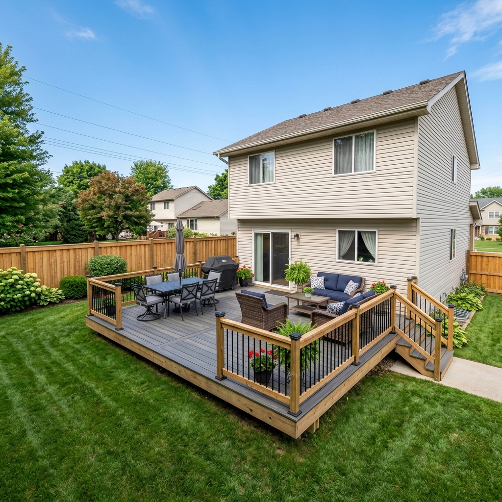 Large repaired and maintained wood deck on a suburban home