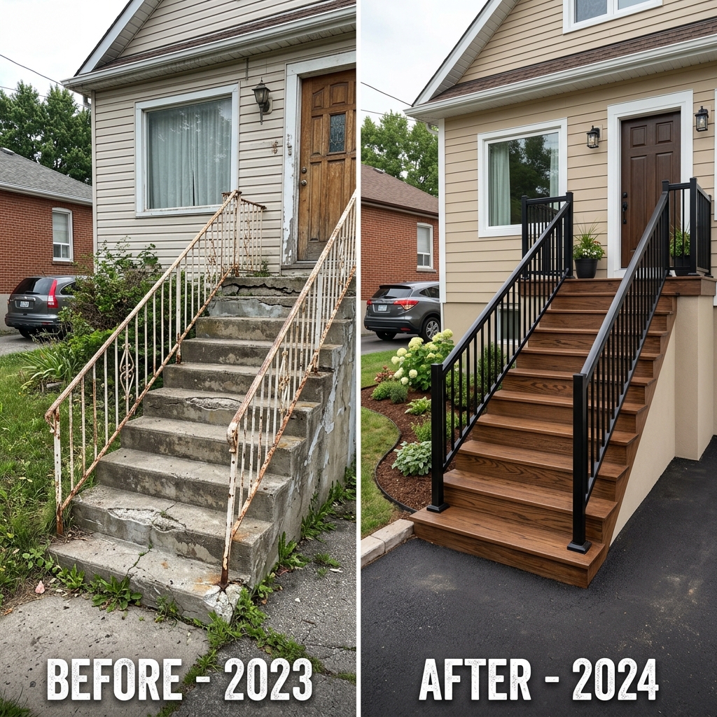 Repaired exterior staircase with new treads and iron railing