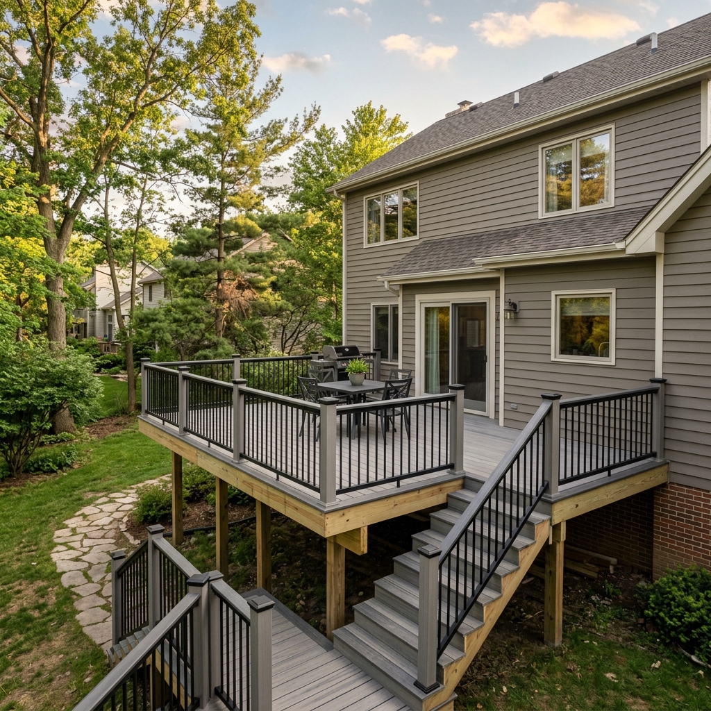New composite deck attached to a suburban home with railing