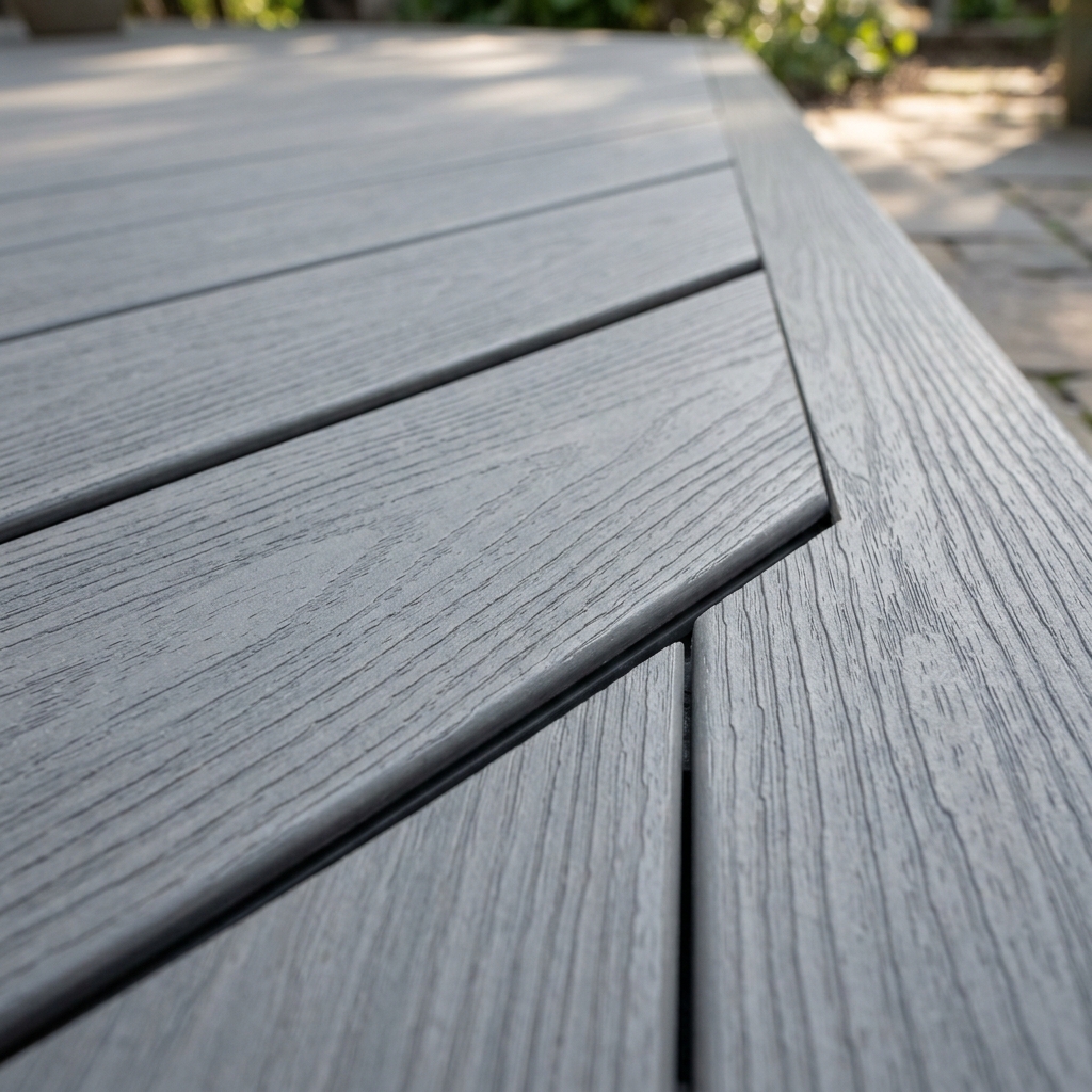 Premium composite decking material with smooth grain texture