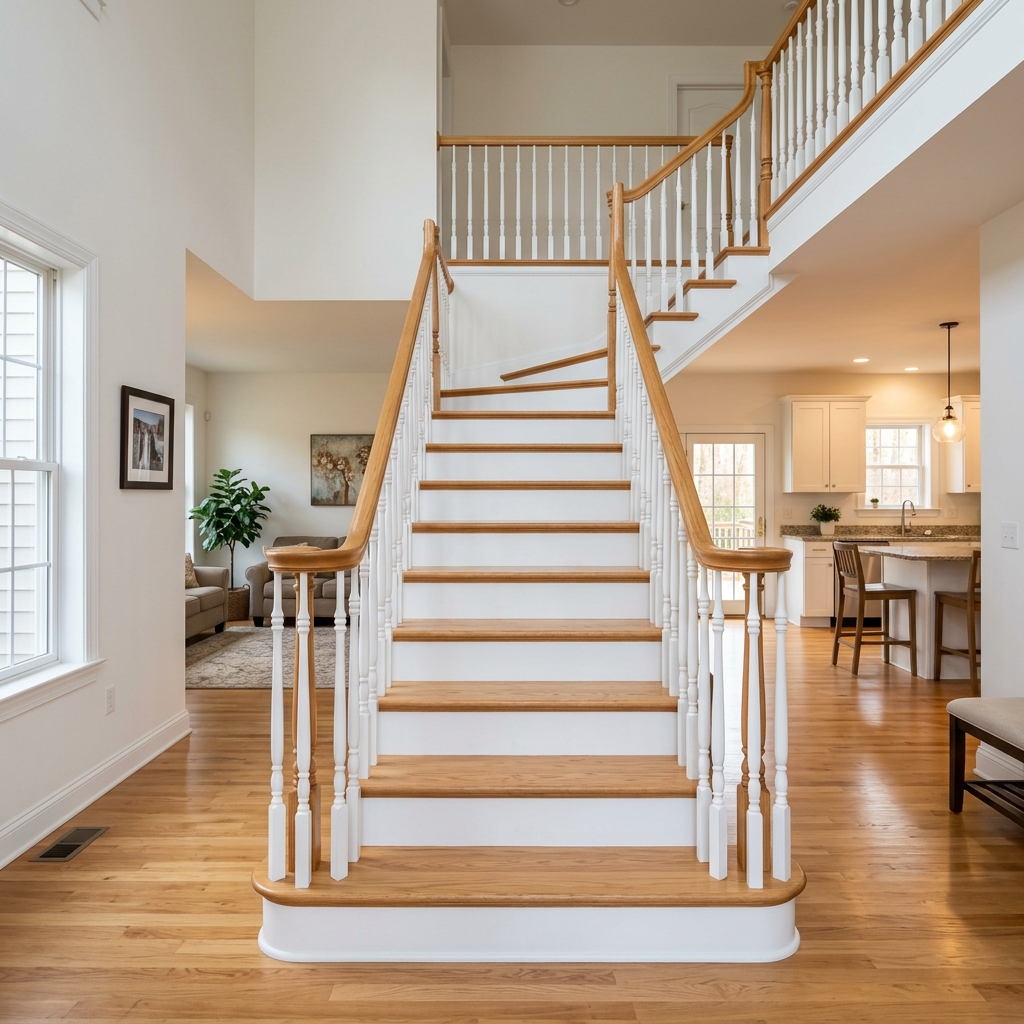 Newly installed interior wood staircase with oak treads and white risers