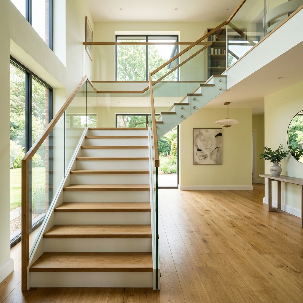Modern custom-built interior oak wood staircase with glass balustrade railing
