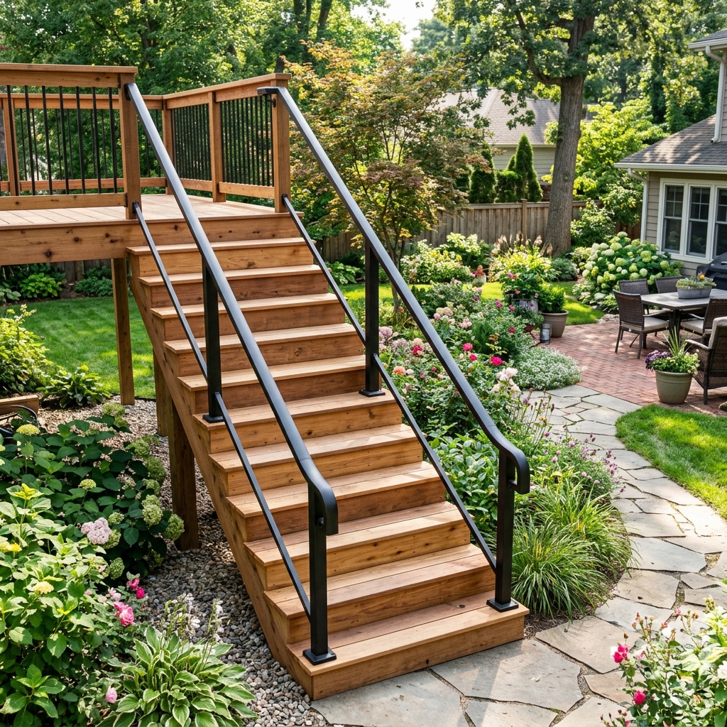 Newly constructed outdoor cedar wood staircase leading down from a deck