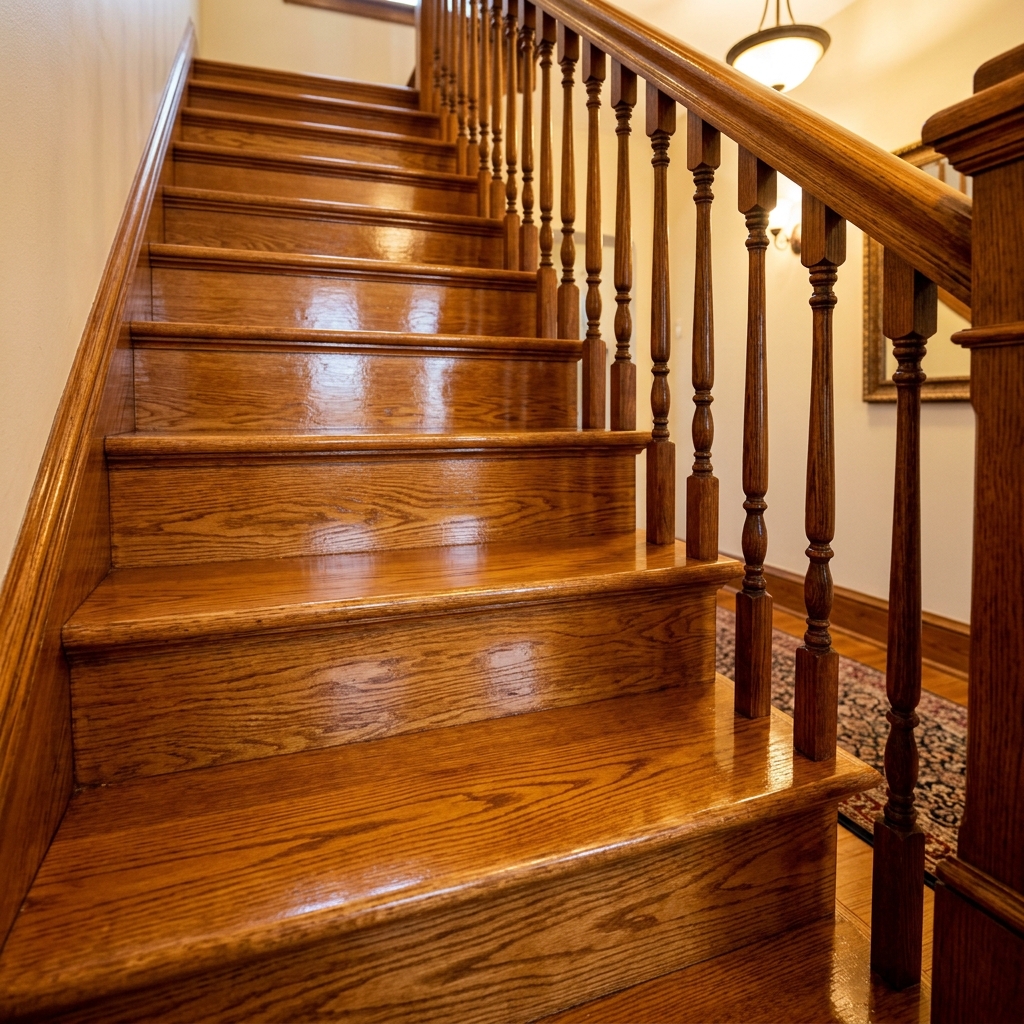 Beautifully restored and repaired indoor wooden staircase with glossy amber varnish