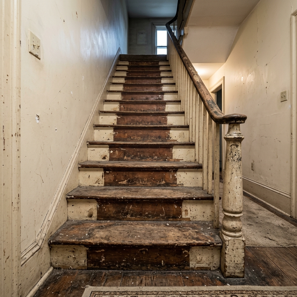 Repaired exterior front porch stairs with newly painted clean white risers and brown treads