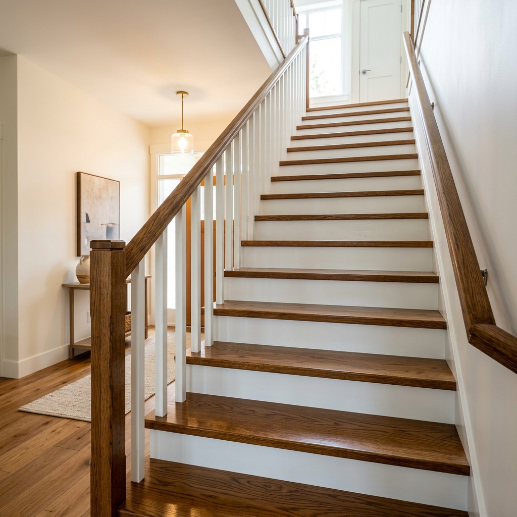 Attic basement wooden stairs newly reinforced and secured with strong timber treads